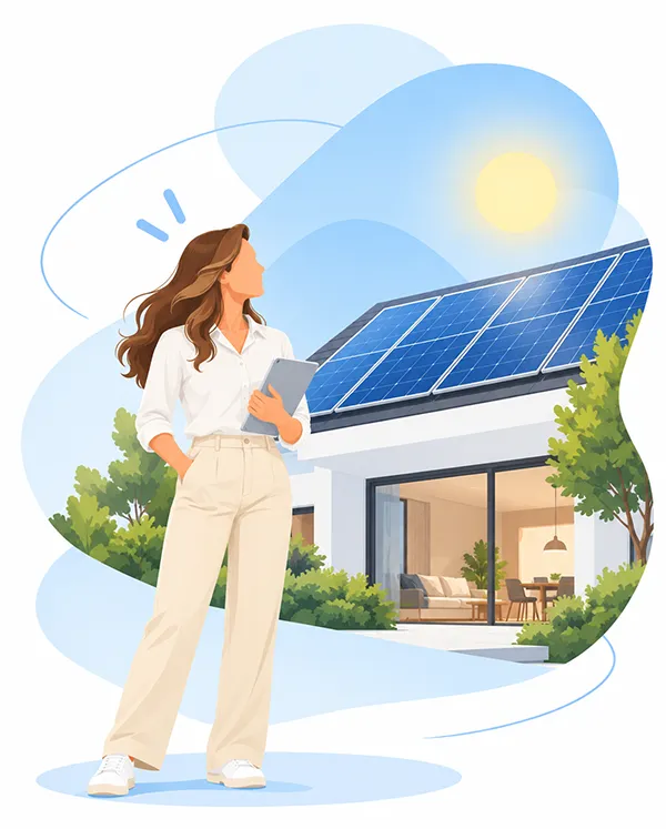 Cliente IREN Énergie devant une maison équipée de panneaux photovoltaïques pour l’autoconsommation solaire
