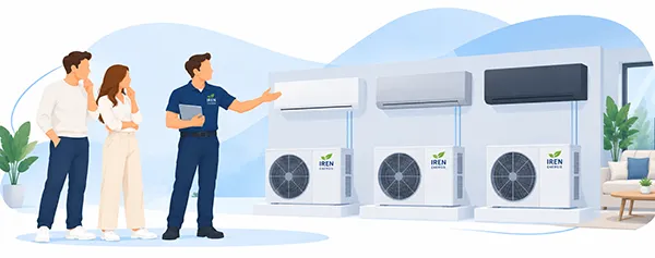 Technicien IREN Énergie présentant une pompe à chaleur Air/Air à un couple de particuliers