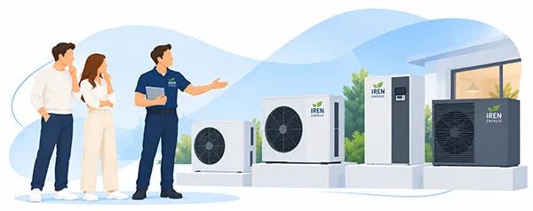 Commercial IREN Énergie accompagnant un couple dans le choix d’une pompe à chaleur