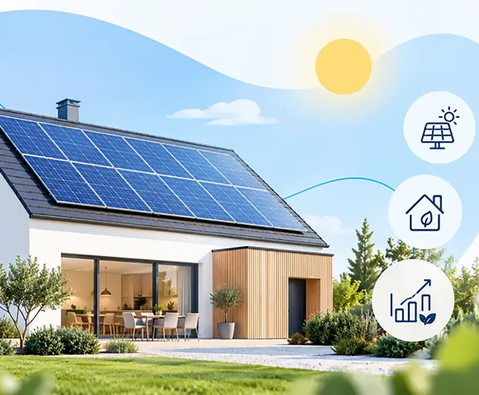 Maison de 100 m² équipée de panneaux solaires photovoltaïques sur sa toiture.
