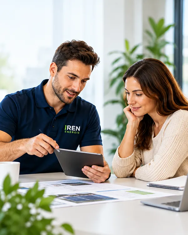 Conseiller IREN Énergie présentant une solution photovoltaïque personnalisée à une cliente