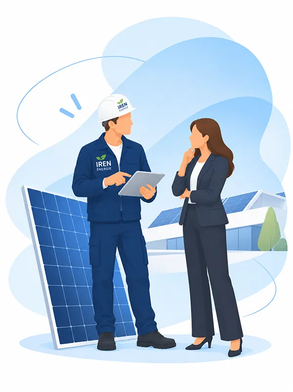 Technicien IREN Énergie étudiant un projet photovoltaïque avec une cliente professionnelle