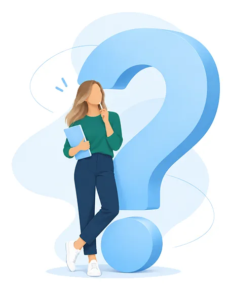 Illustration d’une femme devant un point d’interrogation représentant la FAQ d’IREN Énergie