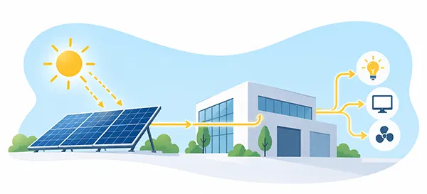 Schéma illustrant l’électricité produite par des panneaux photovoltaïques et consommée directement dans un bâtiment professionnel
