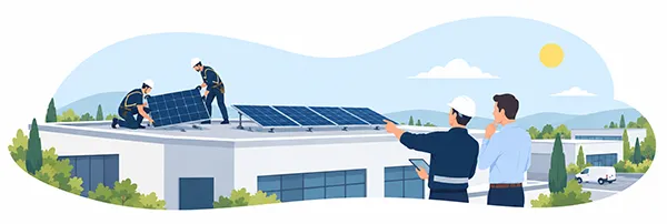 Techniciens installant des panneaux photovoltaïques sur la toiture d’un bâtiment professionnel