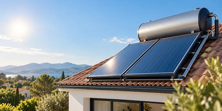 Ballon solaire avec capteurs thermiques installé sur la toiture d’une maison