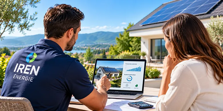 Conseiller IREN Énergie présentant une étude photovoltaïque personnalisée à une cliente