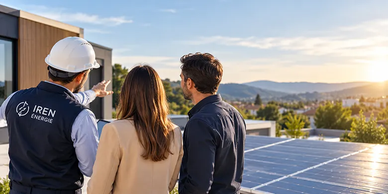 Installation de panneaux photovoltaïques réalisée par un technicien IREN Énergie
