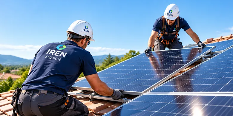 Techniciens IREN Énergie installant des panneaux photovoltaïques sur une toiture