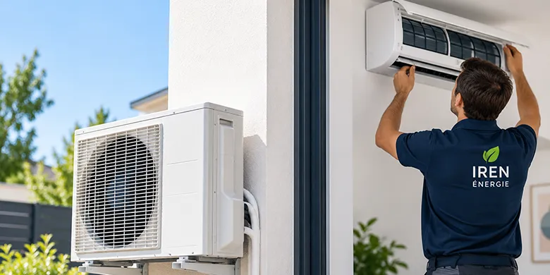 Technicien IREN Énergie installant une pompe à chaleur air/air avec unité intérieure et extérieure