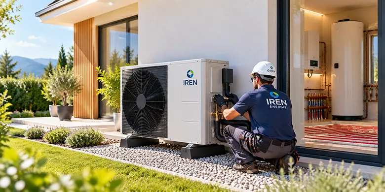Technicien IREN Énergie installant une pompe à chaleur air/eau
