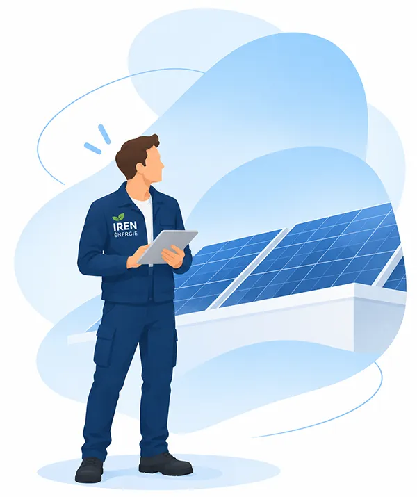 Technicien IREN Énergie étudiant une installation de panneaux photovoltaïques