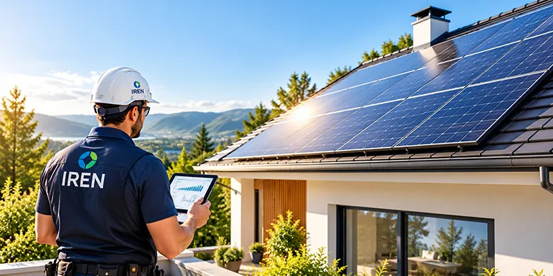 Technicien IREN Énergie devant une installation de panneaux photovoltaïques