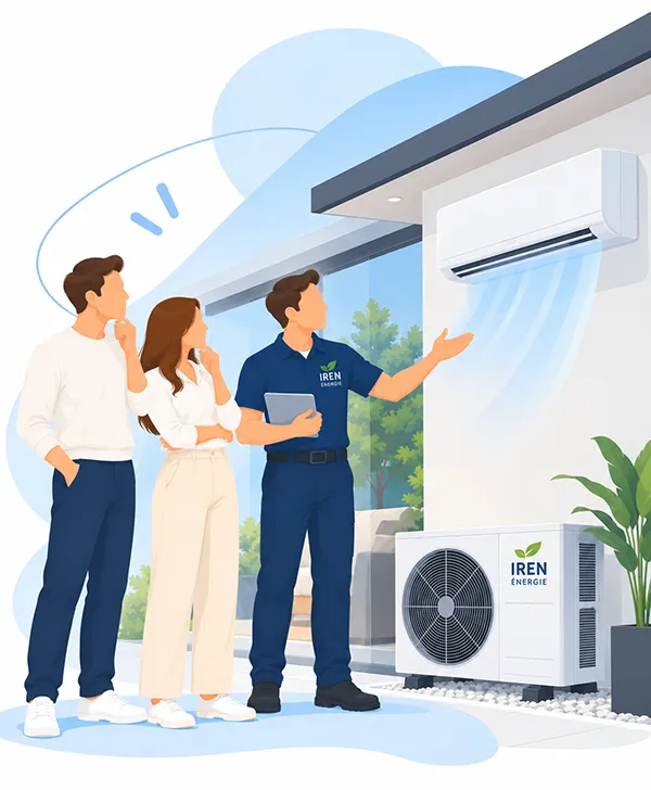 Technicien IREN Énergie présentant une pompe à chaleur Air/Air à un couple de particuliers