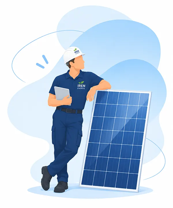 Technicien IREN Énergie avec un panneau photovoltaïque