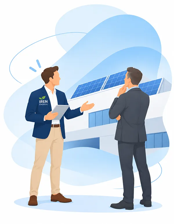 Commercial IREN Énergie présentant une solution de panneaux photovoltaïques à un client professionnel